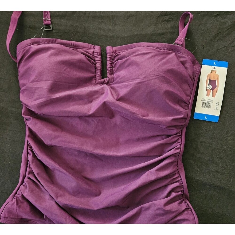 DKNY PURPLE RUCHED ONE PIECE SWIMSUIT REMOVABLE STRAP SZ L NWT